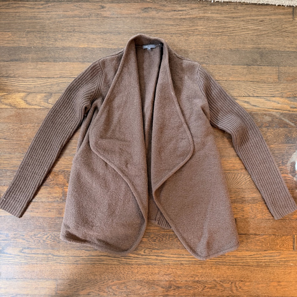 Vince Brown Open-Front Wool Blend Cardigan